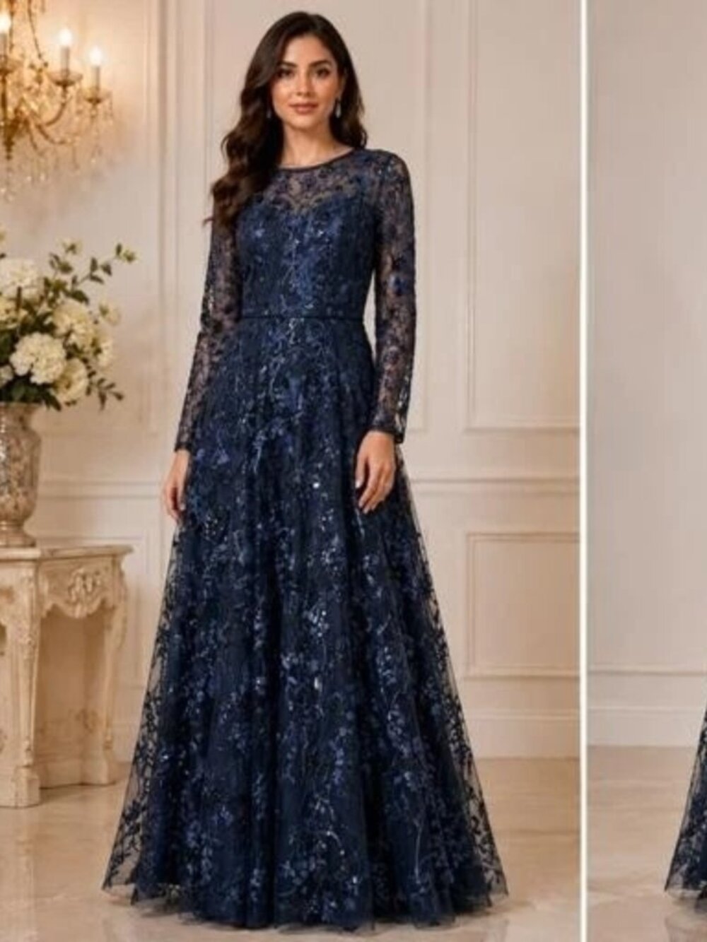 Shani Navy Blue Embellished Embroidered Long Sleeve Gown